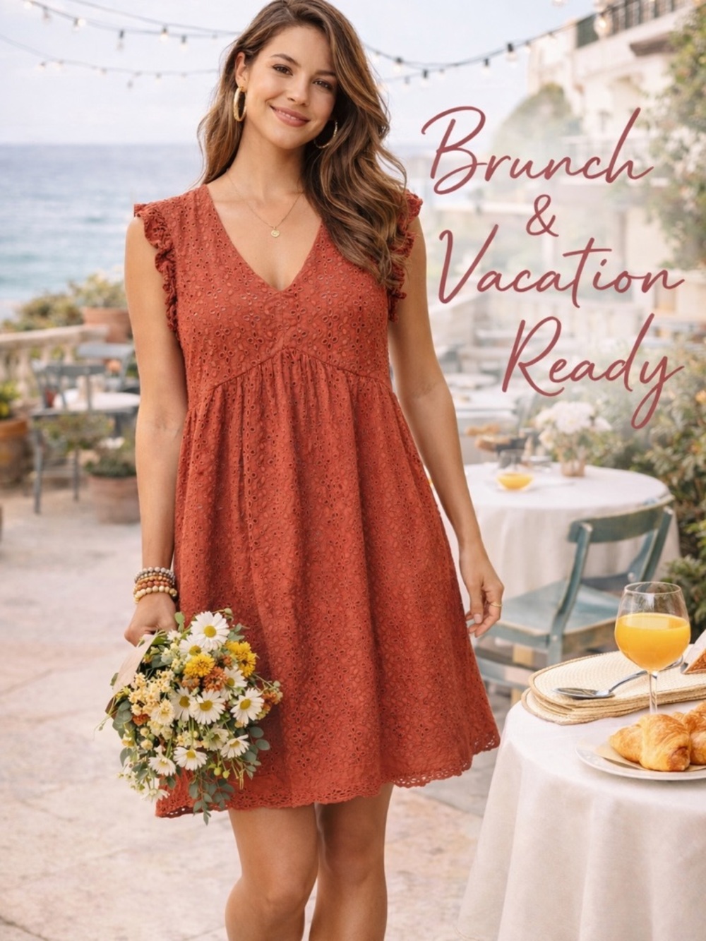 Knox Rose Rust Eyelet Dress Boho Babydoll Ruffle Sleeve Cottagecore Size Small